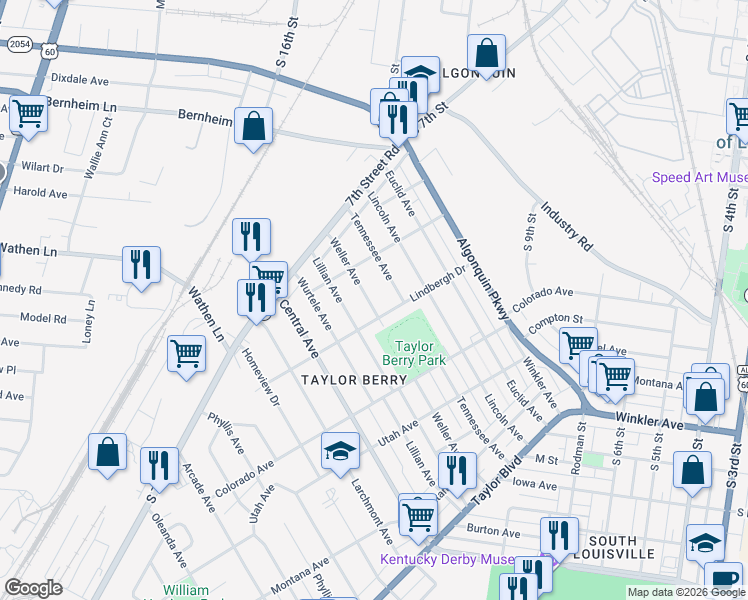 map of restaurants, bars, coffee shops, grocery stores, and more near 1273 Weller Avenue in Louisville