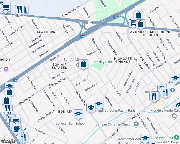 map of restaurants, bars, coffee shops, grocery stores, and more near 3201 Commander Drive in Louisville