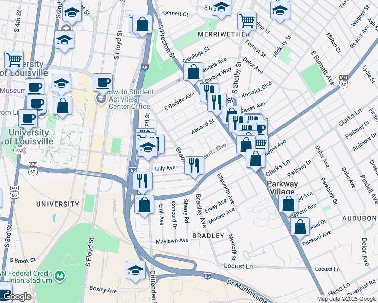 map of restaurants, bars, coffee shops, grocery stores, and more near 601 Presidents Boulevard in Louisville