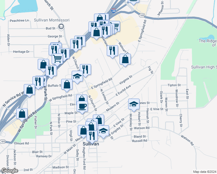 map of restaurants, bars, coffee shops, grocery stores, and more near 112 Virginia Street in Sullivan
