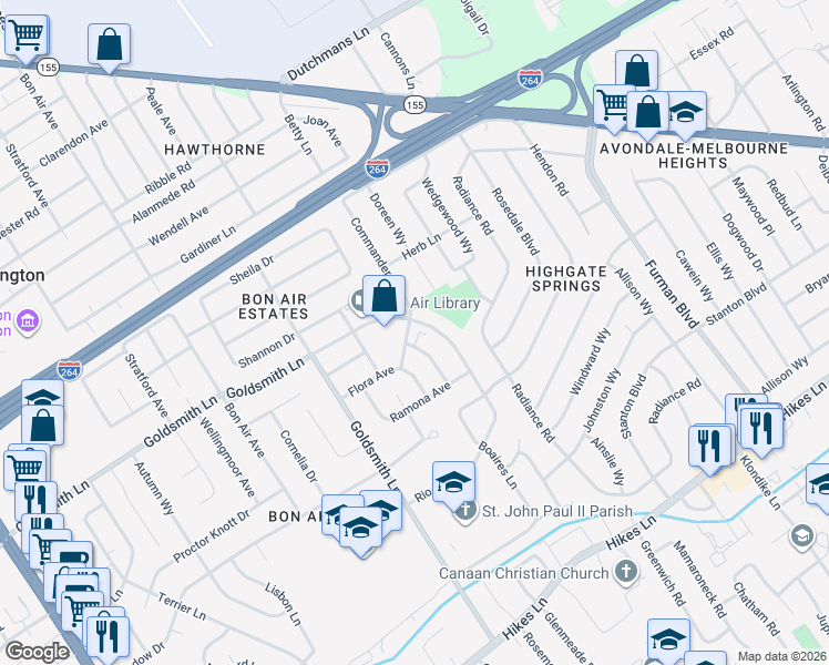 map of restaurants, bars, coffee shops, grocery stores, and more near 3201 Commander Drive in Louisville