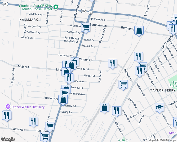 map of restaurants, bars, coffee shops, grocery stores, and more near 1716 Model Road in Louisville