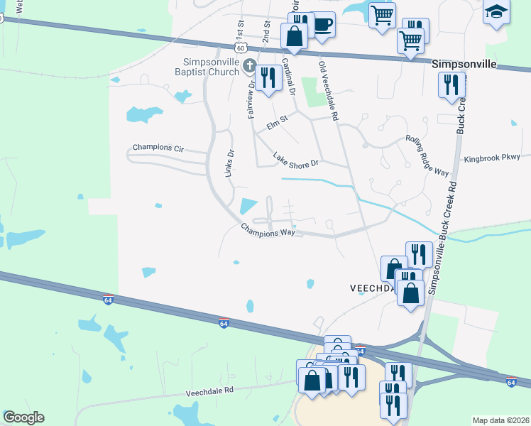 map of restaurants, bars, coffee shops, grocery stores, and more near 402 Champions Way in Simpsonville