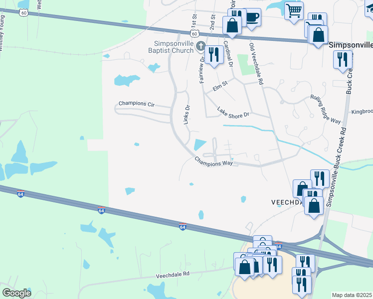 map of restaurants, bars, coffee shops, grocery stores, and more near 402 Champions Way in Simpsonville