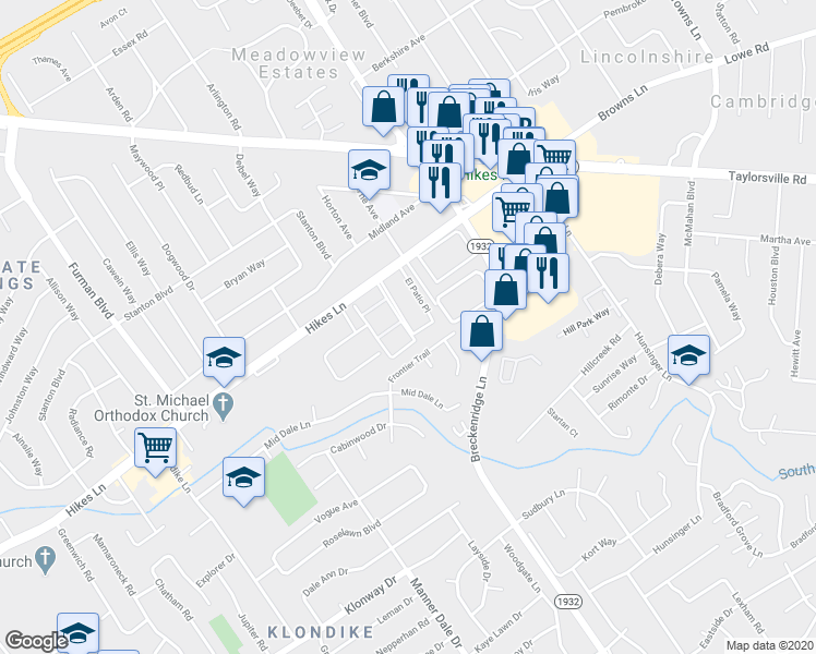 map of restaurants, bars, coffee shops, grocery stores, and more near 2699 Whitehall Terrace in Louisville