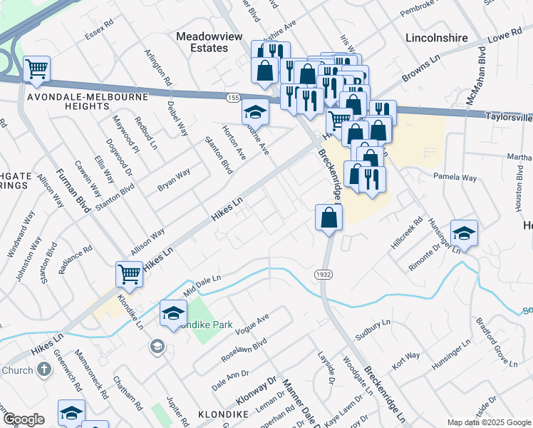 map of restaurants, bars, coffee shops, grocery stores, and more near 2612 Whitehall Terrace in Louisville