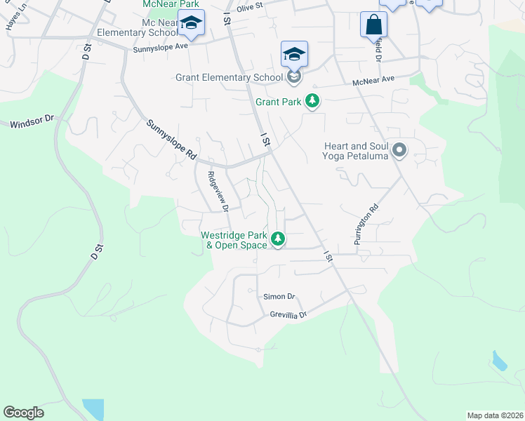 map of restaurants, bars, coffee shops, grocery stores, and more near 128 Sunshine Court in Petaluma