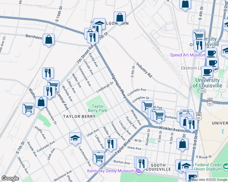 map of restaurants, bars, coffee shops, grocery stores, and more near 1136 Algonquin Parkway in Louisville