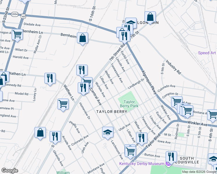 map of restaurants, bars, coffee shops, grocery stores, and more near 1437 Lillian Avenue in Louisville