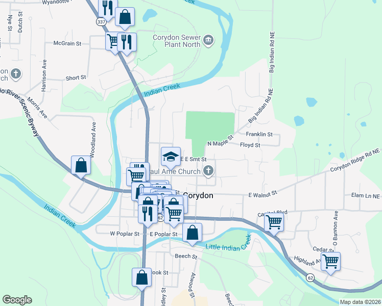 map of restaurants, bars, coffee shops, grocery stores, and more near 612 Best Avenue in Corydon