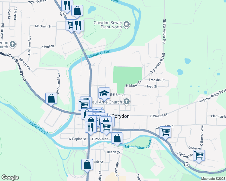 map of restaurants, bars, coffee shops, grocery stores, and more near 612 Best Avenue in Corydon
