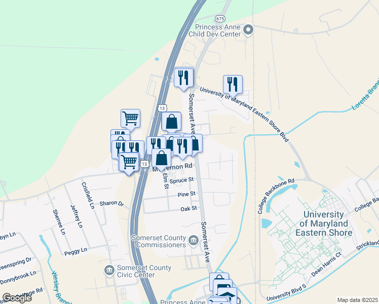 map of restaurants, bars, coffee shops, grocery stores, and more near 12171 Queens Grant Drive in Princess Anne