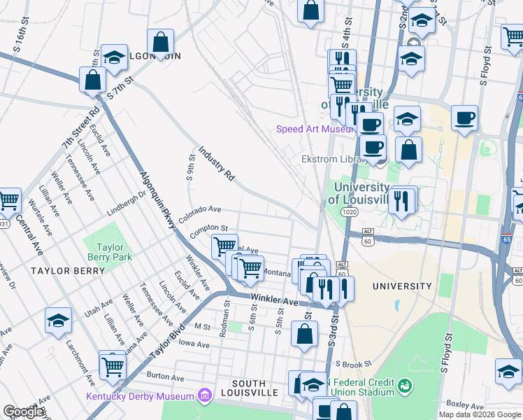 map of restaurants, bars, coffee shops, grocery stores, and more near 2314 South 6th Street in Louisville