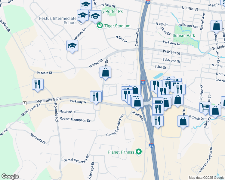 map of restaurants, bars, coffee shops, grocery stores, and more near 608 Westwood South Drive in Festus