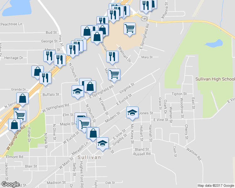 map of restaurants, bars, coffee shops, grocery stores, and more near 235 Virginia Street in Sullivan