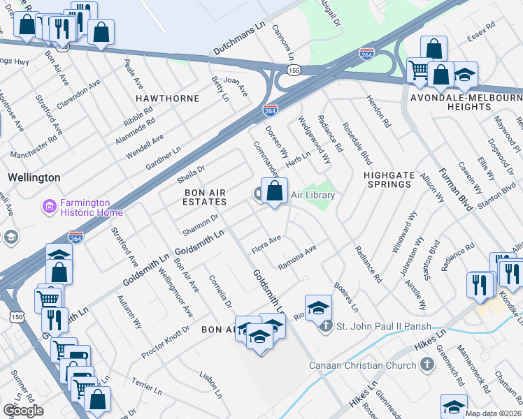 map of restaurants, bars, coffee shops, grocery stores, and more near 2820 Del Rio Place in Louisville