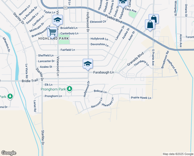 map of restaurants, bars, coffee shops, grocery stores, and more near 3100 Hollywood Drive in Pueblo