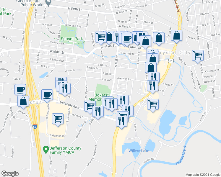 map of restaurants, bars, coffee shops, grocery stores, and more near 525 South Mill Street in Festus