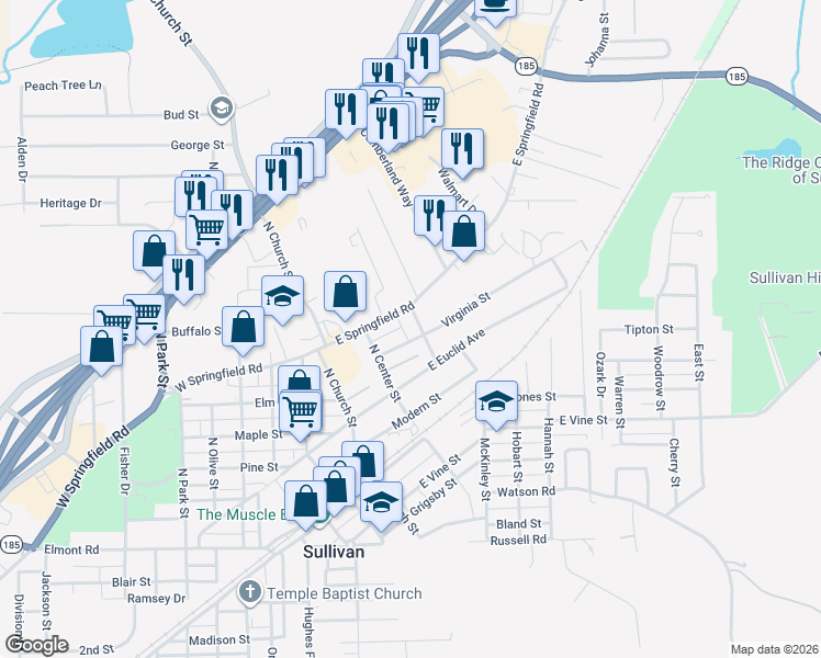 map of restaurants, bars, coffee shops, grocery stores, and more near 153 East Springfield Road in Sullivan
