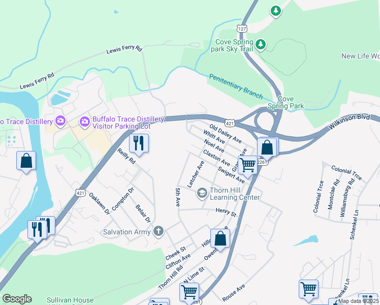 map of restaurants, bars, coffee shops, grocery stores, and more near 412 Swigert Avenue in Frankfort