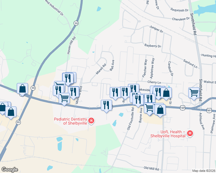 map of restaurants, bars, coffee shops, grocery stores, and more near 159 Baker Drive in Shelbyville