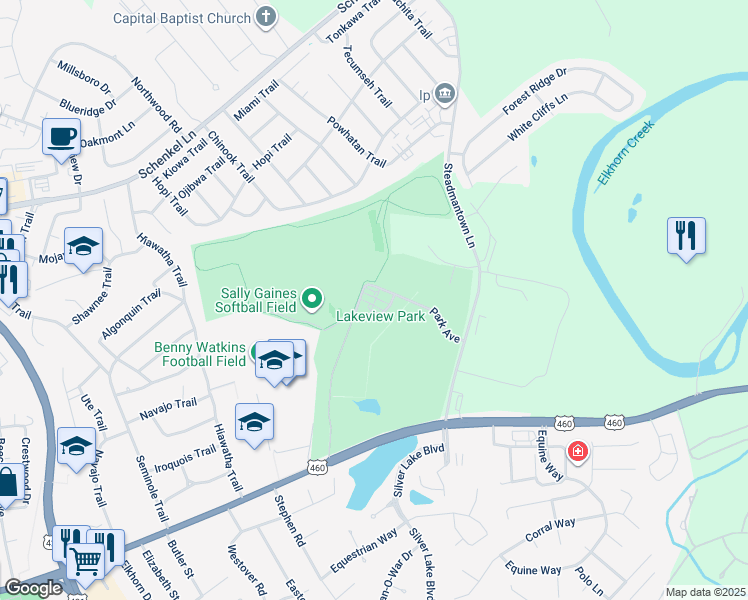 map of restaurants, bars, coffee shops, grocery stores, and more near 112 Park Avenue in Frankfort