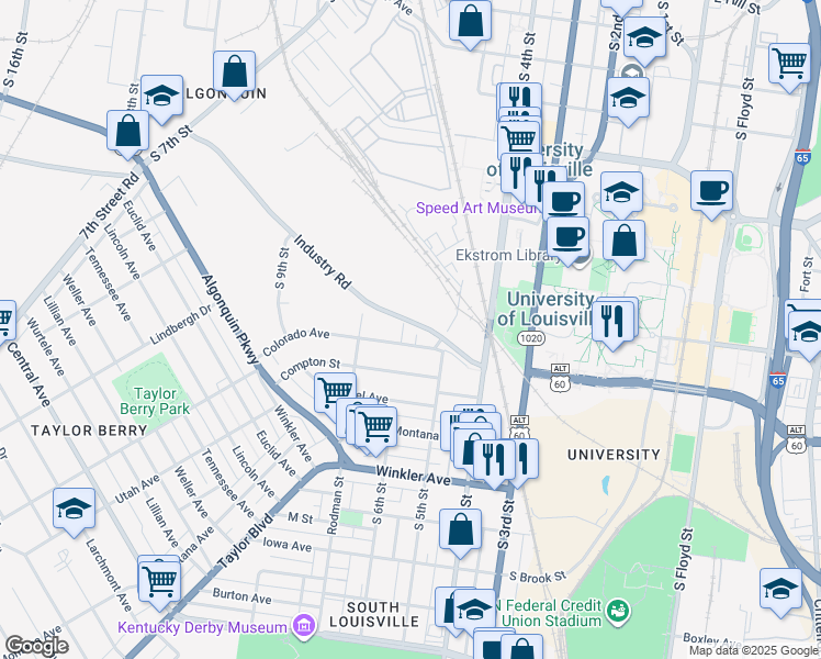map of restaurants, bars, coffee shops, grocery stores, and more near 2319 South 6th Street in Louisville