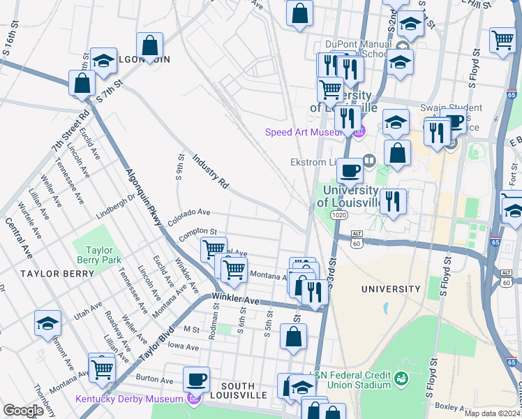 map of restaurants, bars, coffee shops, grocery stores, and more near 2319 South 6th Street in Louisville