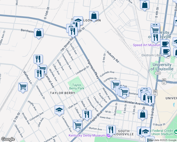 map of restaurants, bars, coffee shops, grocery stores, and more near 1136 Algonquin Parkway in Louisville