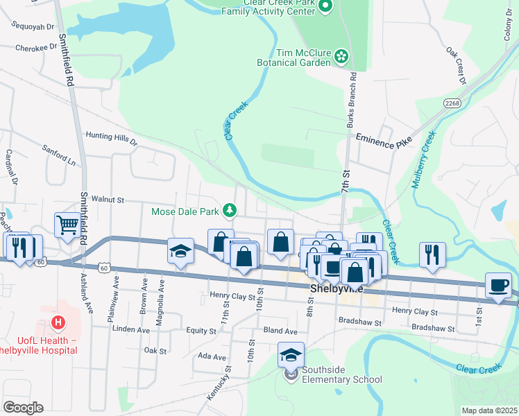 map of restaurants, bars, coffee shops, grocery stores, and more near 12 Kent Street in Shelbyville