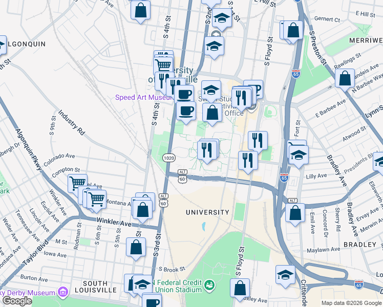 map of restaurants, bars, coffee shops, grocery stores, and more near 2301 South 3rd Street in Louisville