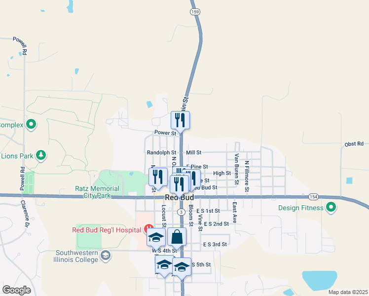 map of restaurants, bars, coffee shops, grocery stores, and more near 420 North Main Street in Red Bud