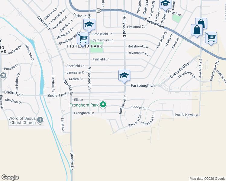 map of restaurants, bars, coffee shops, grocery stores, and more near 3732 Farabaugh Lane in Pueblo