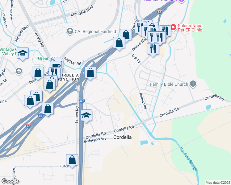 map of restaurants, bars, coffee shops, grocery stores, and more near 485 Pittman Road in Fairfield