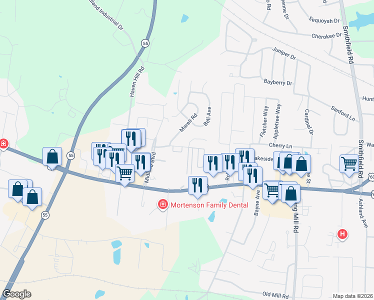 map of restaurants, bars, coffee shops, grocery stores, and more near 132 Baker Drive in Shelbyville