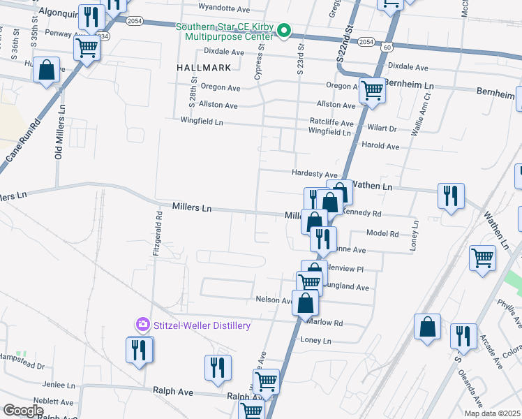 map of restaurants, bars, coffee shops, grocery stores, and more near 2315 Millers Lane in Louisville