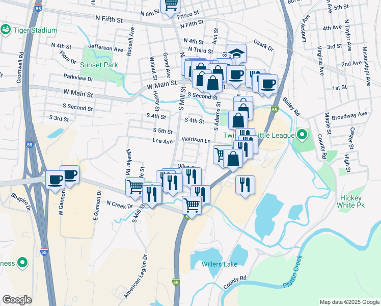map of restaurants, bars, coffee shops, grocery stores, and more near 202A Timberwyck Street in Festus