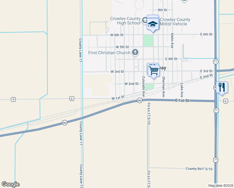 map of restaurants, bars, coffee shops, grocery stores, and more near 110 Otero Avenue in Ordway
