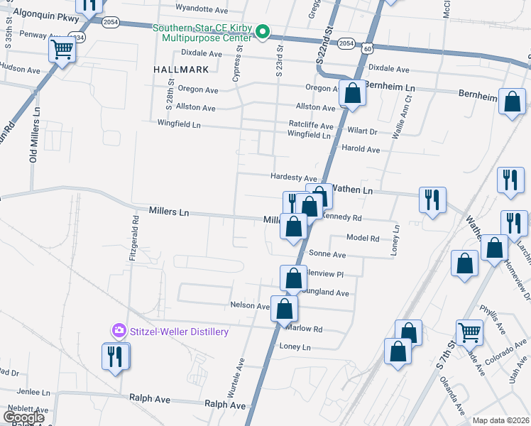 map of restaurants, bars, coffee shops, grocery stores, and more near 2300 Fust Avenue in Louisville