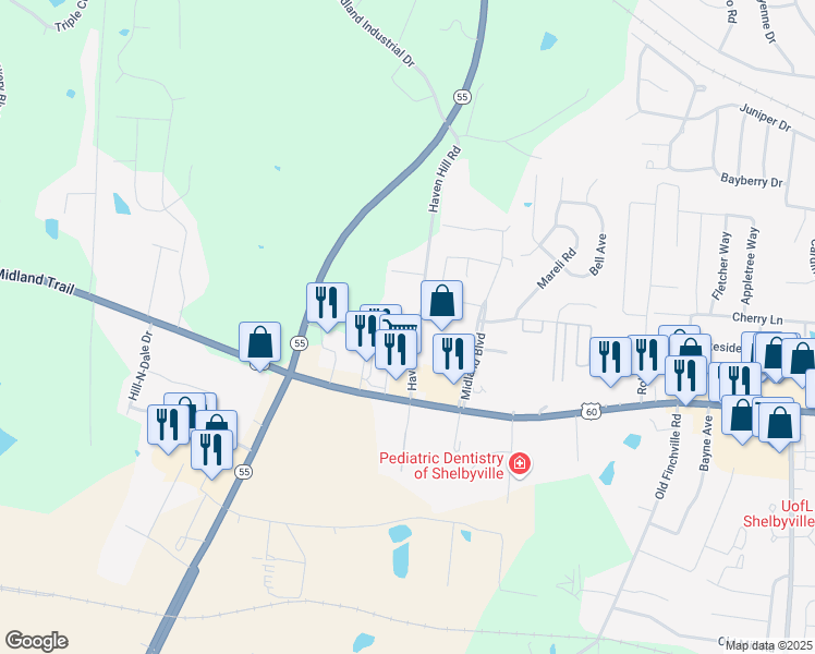 map of restaurants, bars, coffee shops, grocery stores, and more near 411 Haven Hill Road in Shelbyville
