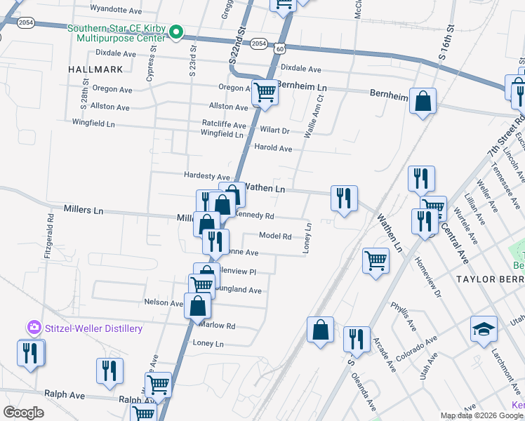 map of restaurants, bars, coffee shops, grocery stores, and more near 1727 Kennedy Road in Louisville