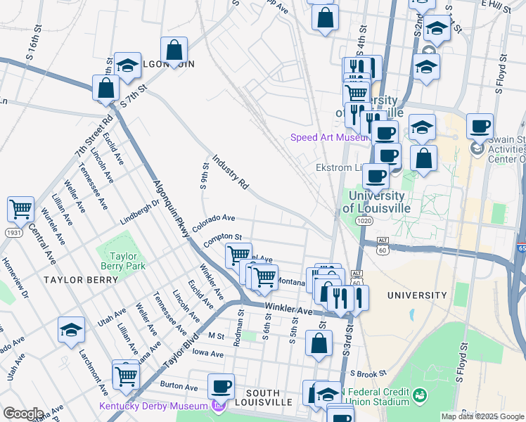 map of restaurants, bars, coffee shops, grocery stores, and more near 2327 Rodman Street in Louisville