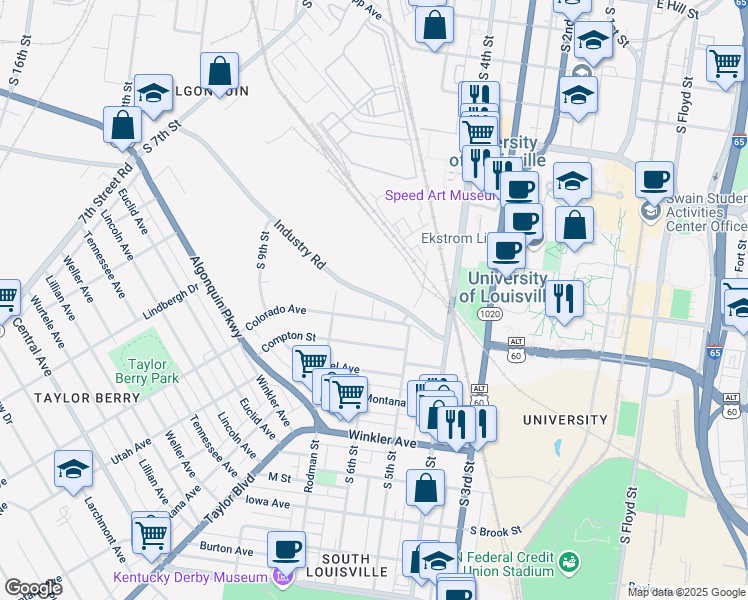 map of restaurants, bars, coffee shops, grocery stores, and more near South 6th Street in Louisville