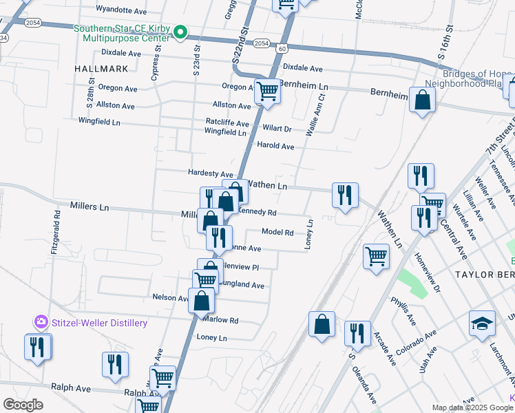 map of restaurants, bars, coffee shops, grocery stores, and more near 1727 Kennedy Road in Louisville