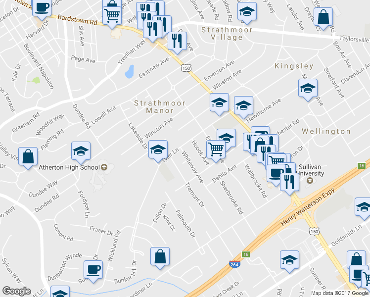map of restaurants, bars, coffee shops, grocery stores, and more near 2030 Tyler Lane in Louisville