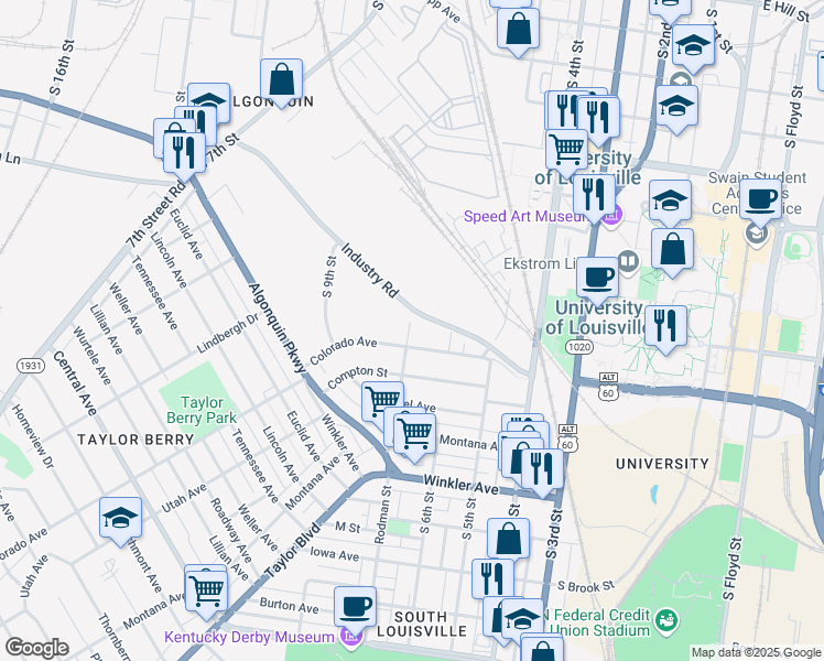 map of restaurants, bars, coffee shops, grocery stores, and more near 2323 Rodman Street in Louisville