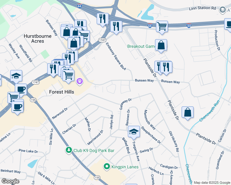 map of restaurants, bars, coffee shops, grocery stores, and more near 2305 Hurstbourne Village Drive in Louisville