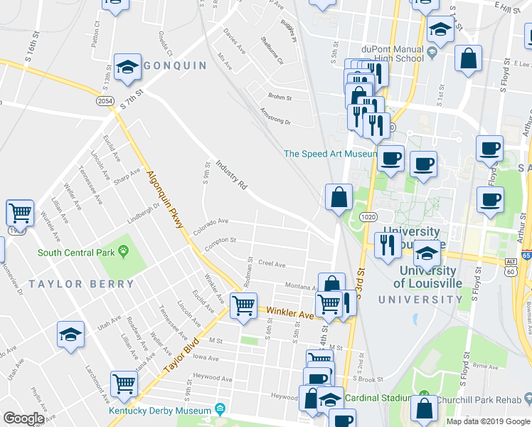 map of restaurants, bars, coffee shops, grocery stores, and more near 2307 Rodman Street in Louisville
