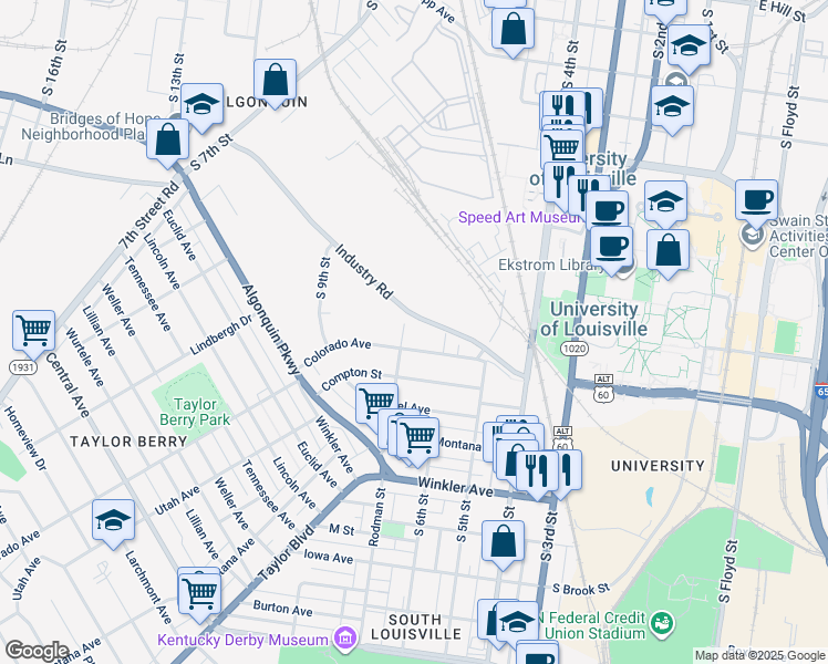 map of restaurants, bars, coffee shops, grocery stores, and more near 2307 Rodman Street in Louisville