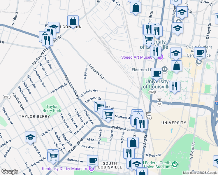 map of restaurants, bars, coffee shops, grocery stores, and more near 2307 Rodman Street in Louisville